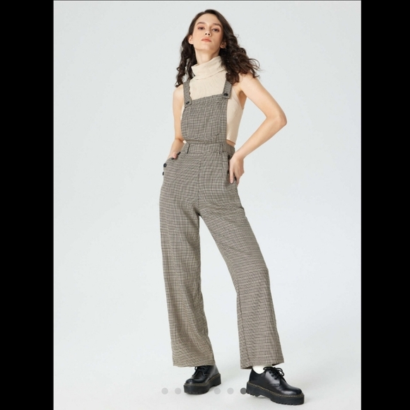 Cider Pants - CIDER Houndstooth Brown and Tan Button Straight Leg Jumpsuit NWT Size Medium